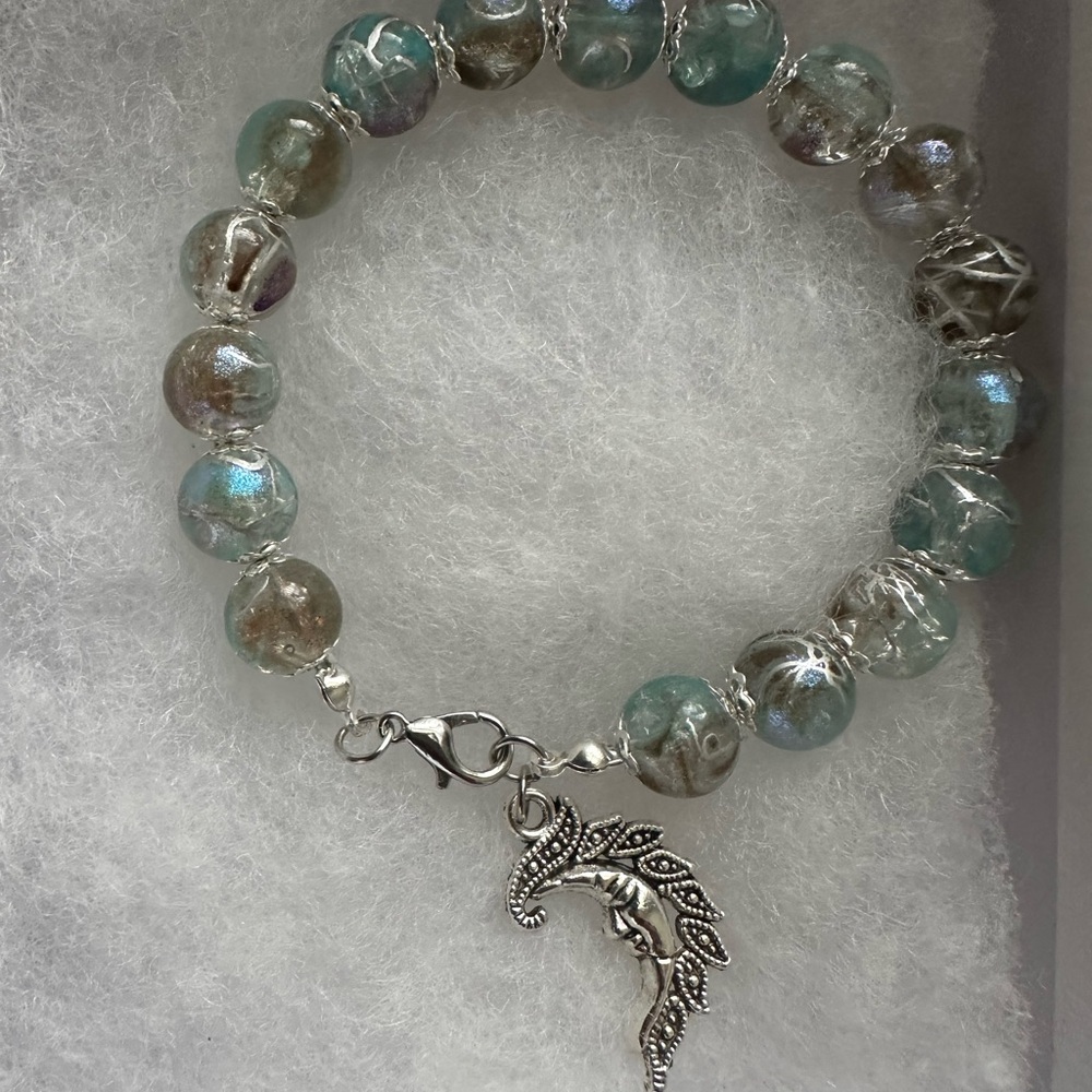 Aquamarine Glass Bead Bracelet with Silver Moon Charm
